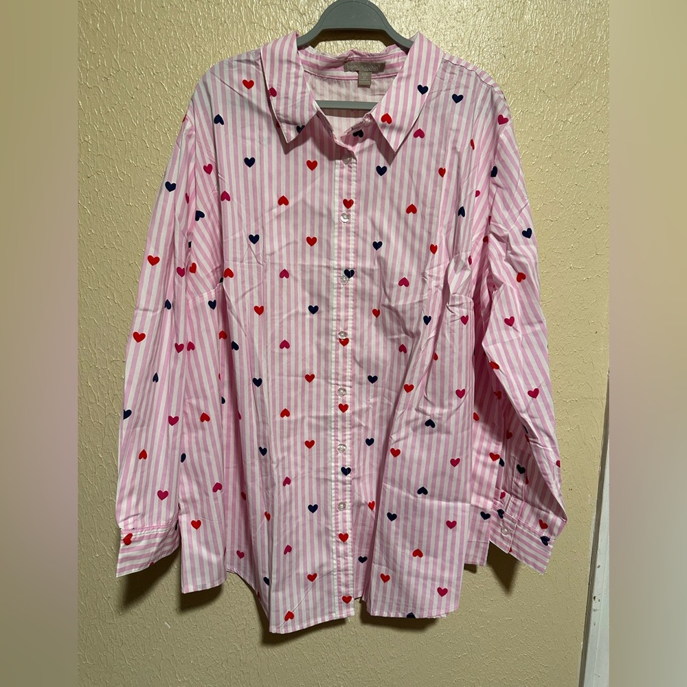 Woman Within 30/32 3X Button Down Blouse‎ Hearts Long Sleeve Plus Size